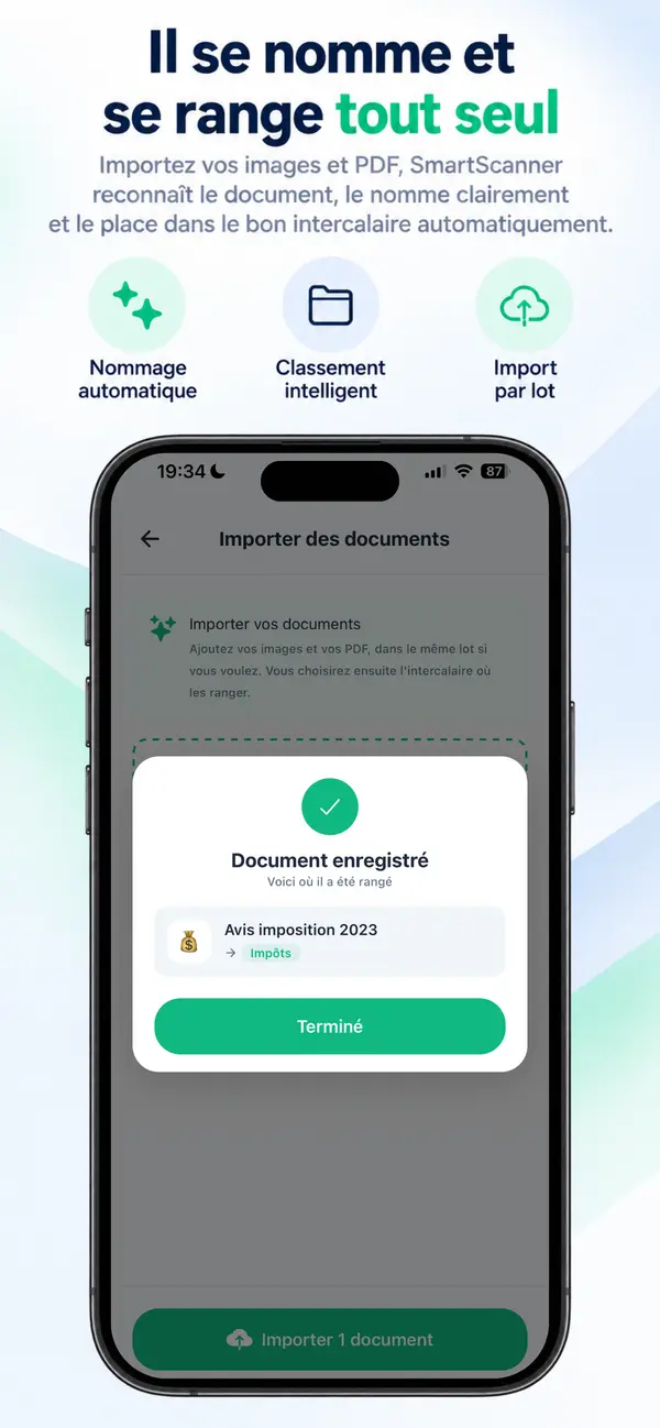 Écran « Document enregistré » de SmartScanner : le document importé est nommé « Avis imposition 2023 » et rangé dans l’intercalaire Impôts